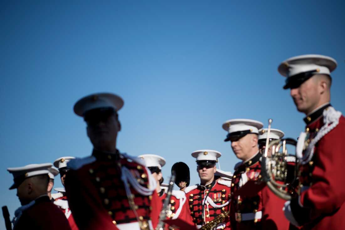Members of the Marine Band wait for Deputy Secretary of Defense Patrick Shanahan and Acting Minister of National Defense of Afghanistan Lieutenant General Tariq Shah Bahrami to participate in an honor cordon outside the Pentagon on Nov. 20, 2017 in Washington, D.C.