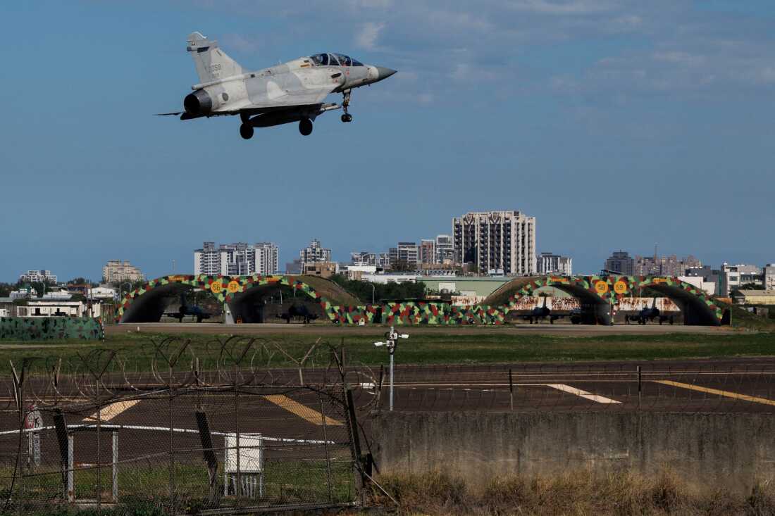 A Taiwan Air Force Mirage 2000 fighter jet takes off at Hsinchu Air Base in Hsinchu 