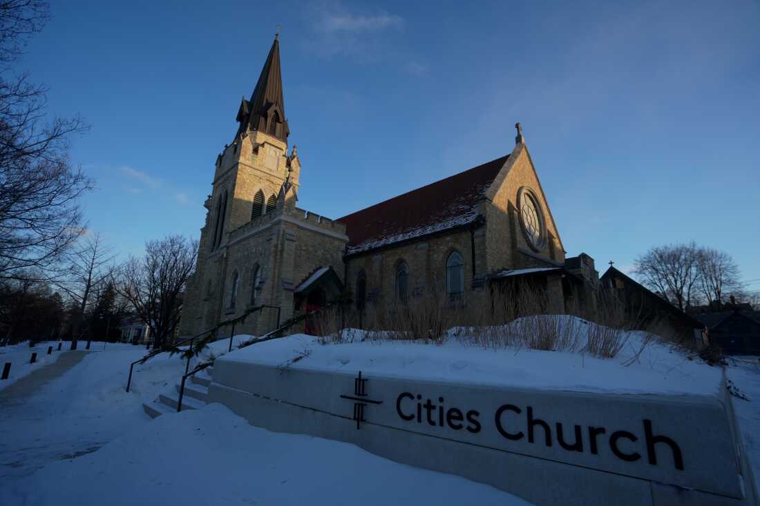 Cities Church is seen in St. Paul, Minn., where activists shut down a service claiming the pastor was also working as an ICE agent, on Monday in St. Paul, Minn.