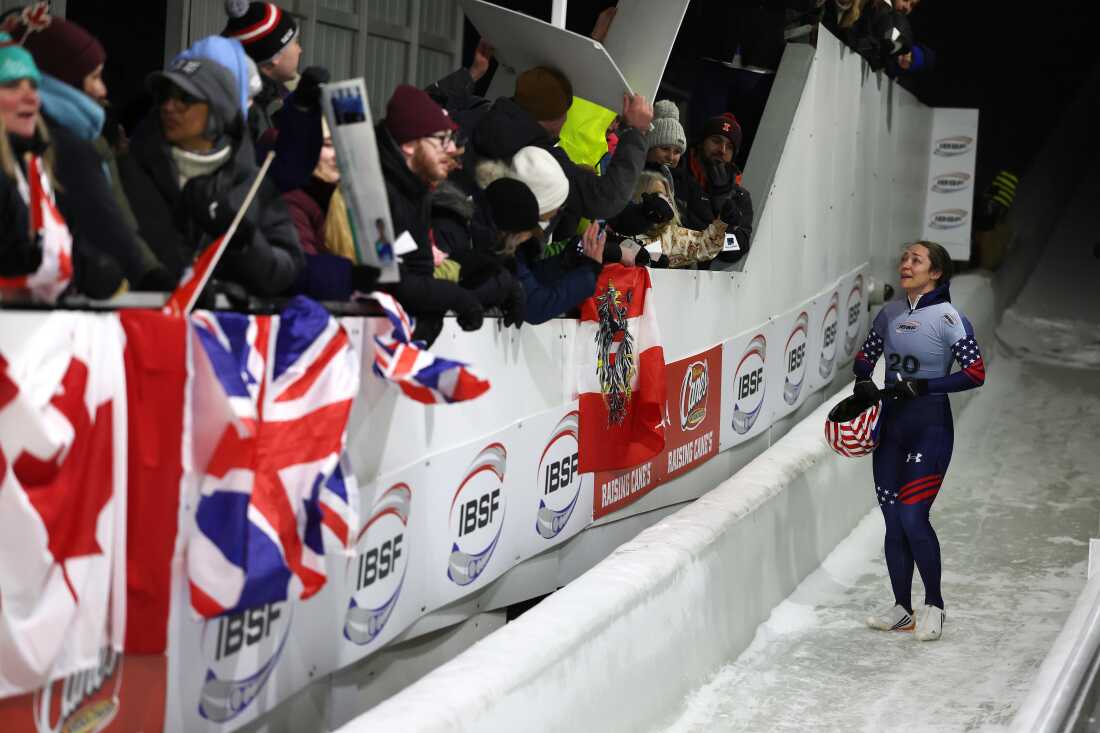 Katie Uhlaender of the USA celebrates after finishing the Women’s Skeleton Race Heat four on Day 2 of the 2025 IBSF World Championships at Mt Van Hoevenberg on March 7, 2025 in Lake Placid, New York. (Photo by Al Bello/Getty Images)