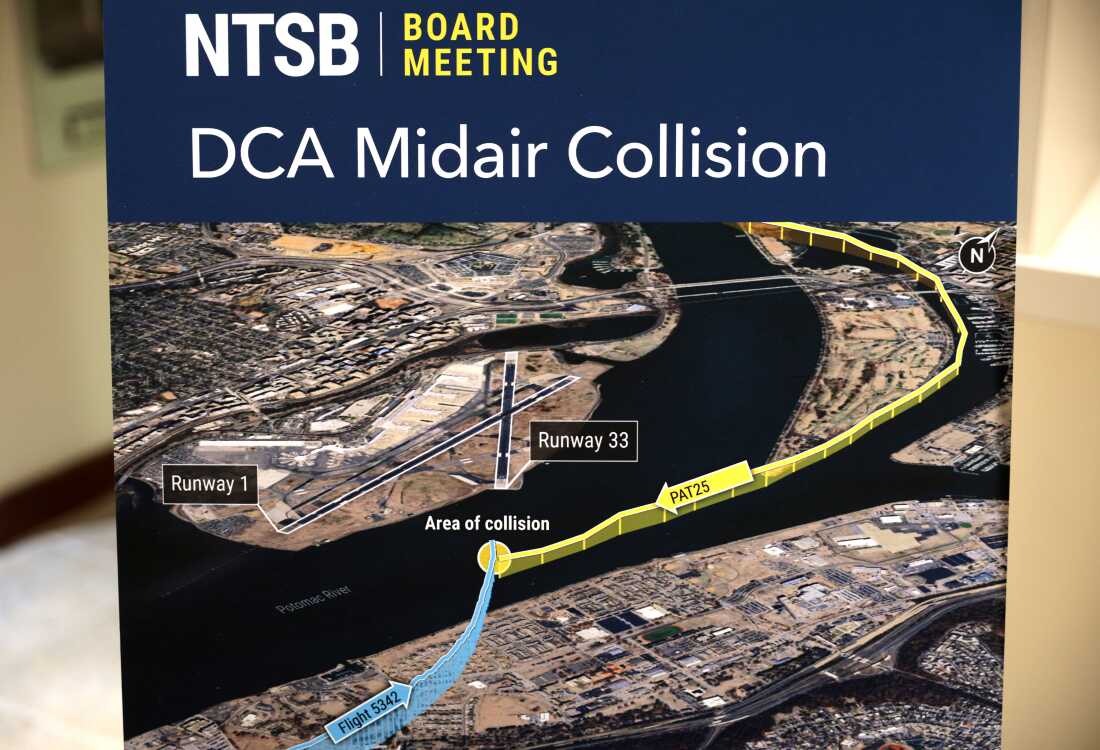 A poster showing the paths of the U.S. Army Black Hawk helicopter and American Airlines regional jet is displayed at the National Transportation Safety Board meeting. The board was meeting to issue its safety recommendations on the DCA midair collision.