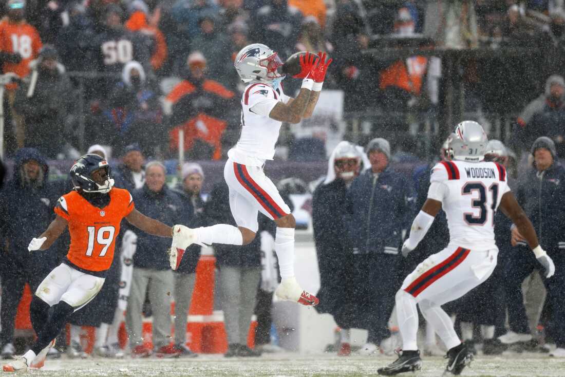 Christian Gonzalez #0 of the New England Patriots intercepts a pass from Jarrett Stidham #8 of the Denver Broncos (not pictured) intended for Marvin Mims Jr. #19 during the fourth quarter in the AFC Championship Playoff game at Empower Field At Mile High on Jan. 25, 2026 in Denver, Colorado.