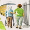 A watercolor illustration of a caregiver assisting an older woman walking down a city street.