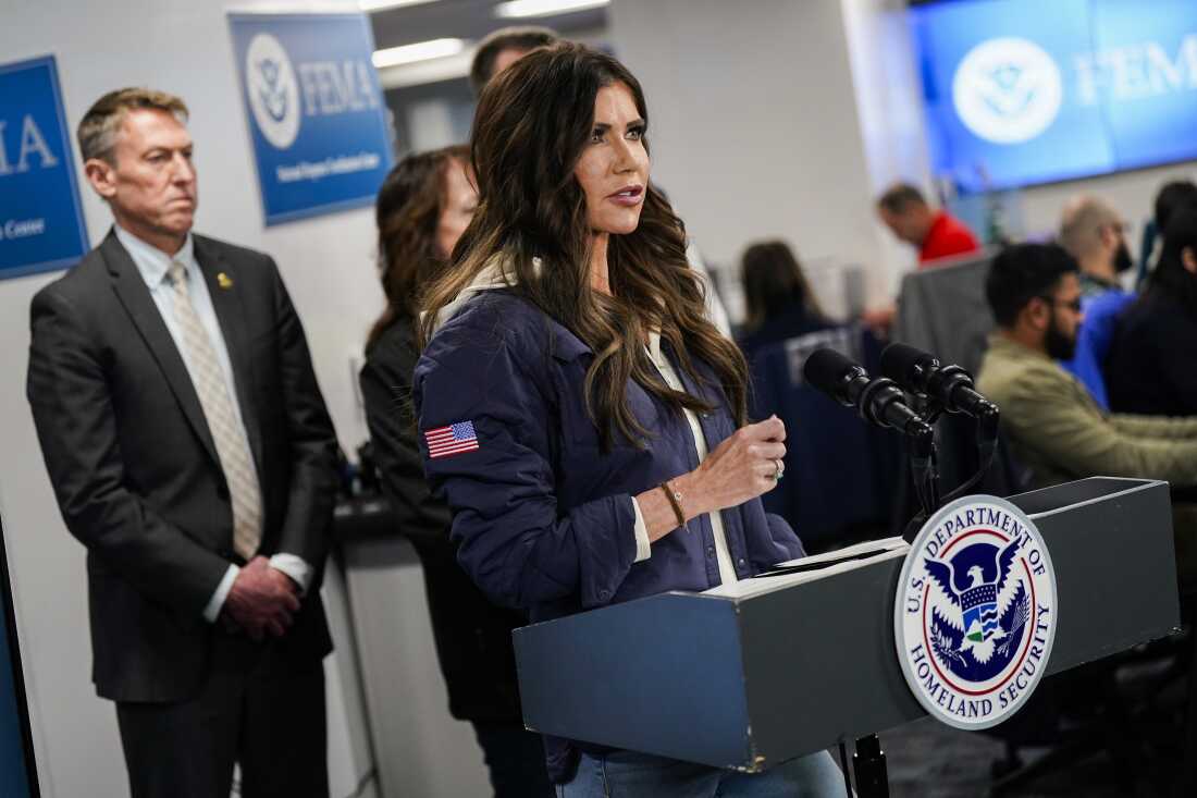 Secretary of Homeland Security Kristi Noem speaks during a news conference following the death of Alex Pretti. Noem and other administration officials have faced criticism, including from some Republicans, for accusing Pretti of domestic terrorism.
