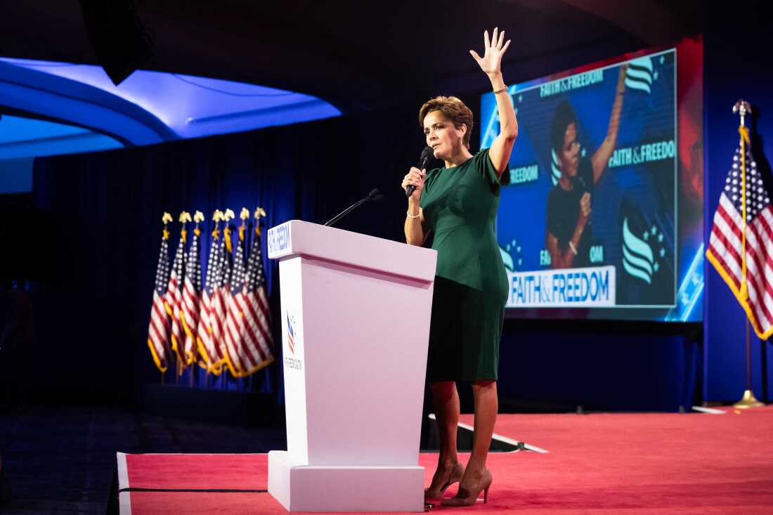 Kari Lake, then a Republican candidate for an Arizona senate seat, speaks at the Road to Majority conference in Washington, DC on June 21, 2024. The conference host, Faith and Freedom Coalition, advocates for incorporation of Christianity in American government.