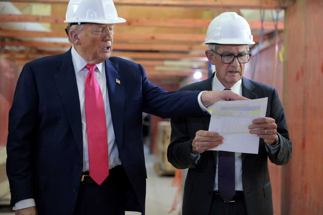 President Trump and Fed Chairman Jerome Powell tour the Federal Reserve’s headquarters renovation project in Washington, D.C., on July 24, 2025. The cost of the renovation became a flash point between the two.