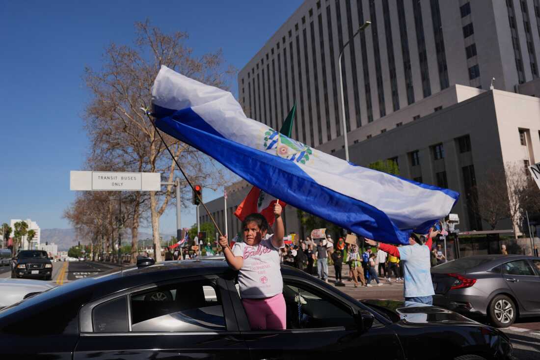 Delilah Guzman Alvarenga, 8, waves a flag during a protest on Friday, in Los Angeles.