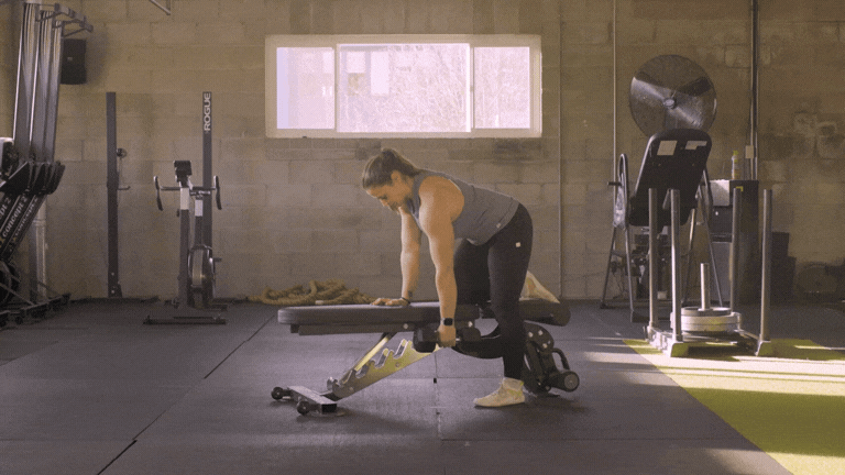 Row: Rest one knee and one hand on a bench. Hold a dumbbell in your other hand, with your arm fully extended. Pull upward, squeezing the lat muscle in your upper back at the top. Lower slowly back down.