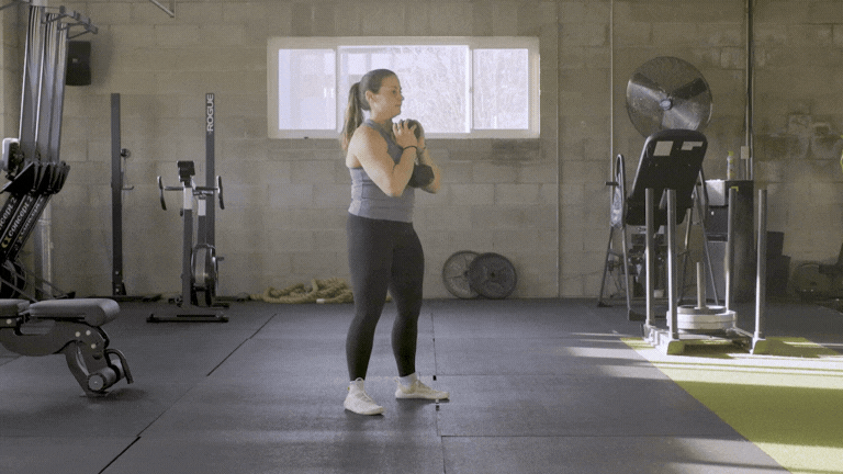 Goblet squat: Stand with your feet shoulder-width apart and your toes slightly out. Hold a dumbbell close to your chest. Take a deep breath and engage your core. Push your hips back and squat down while keeping your weight in your heels. Try to get your hips at or below your knee height. Push your heels into the floor, and squeeze your butt as you stand up.