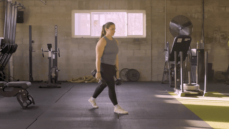 Split squat: Hold a dumbbell in each hand. Step one foot back, lifting the heel so you're on the toes. Drop the back knee down, tapping it on the floor (or on some other object like a yoga block if you can’t reach). Lift that knee up vertically, keeping your hamstrings and glutes engaged. Do a set on each side.