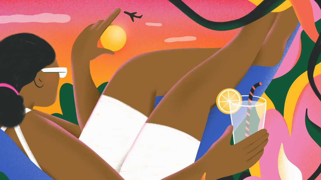 An illustration shows a woman with brown skin and dark brown hair in the foreground, lounging in a blue hammock. In her right hand, she holds a glass with a straw and a lemon on the edge of the drink. With her left hand, she reaches up into the sky and holds the sun in her fingertips as a plane flies nearby in the distance. 